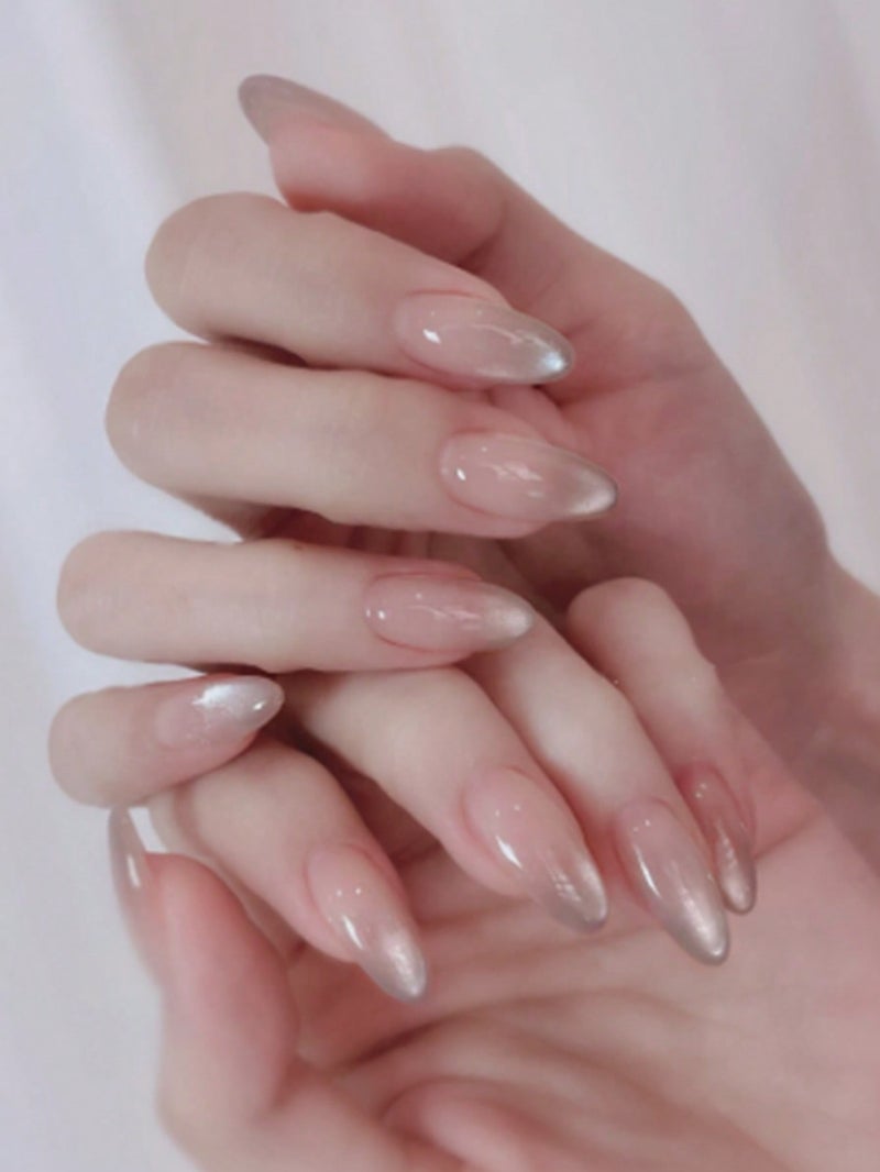 اظافر تركيب بشكل لوزي شفافة لامعة بتدرج لؤلؤي  - طقم اظافر تركيب 24 قطعة مع مبرد - Image 1